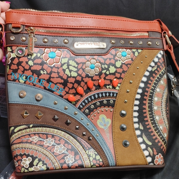 Nicole Lee Artistic Crossbody Bag with Orange and Brown Accents - Picture 8 of 16
